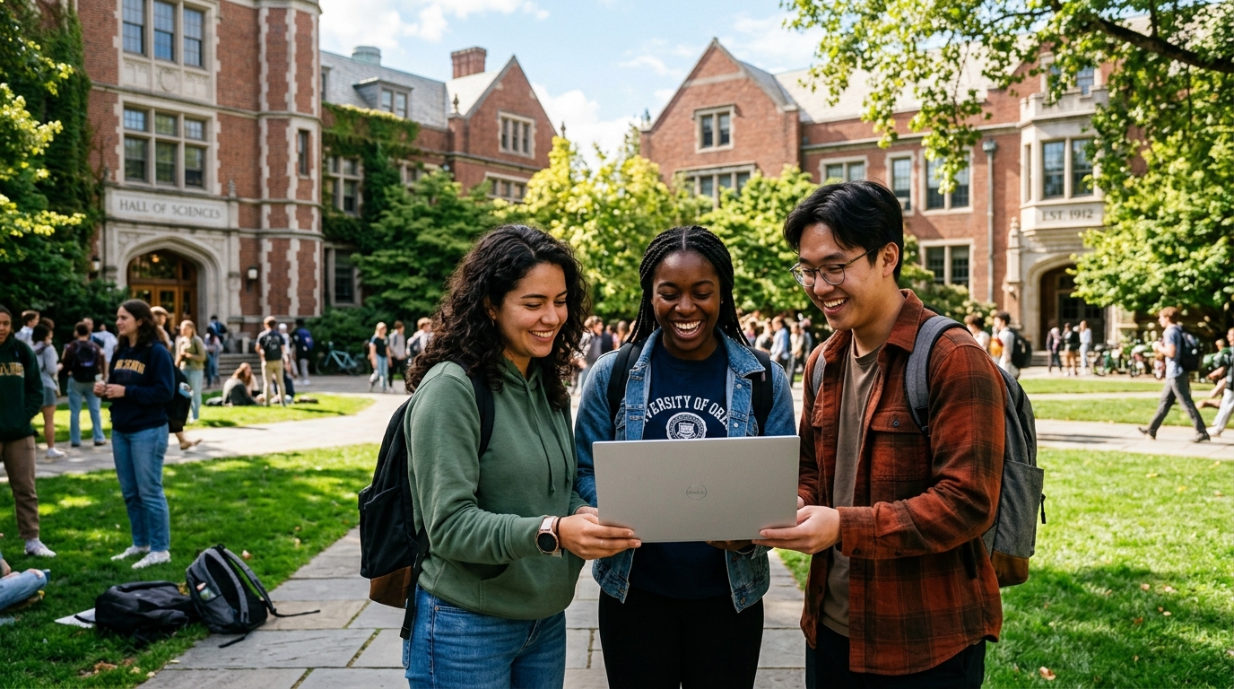 Students walking on university campus discussing jobs