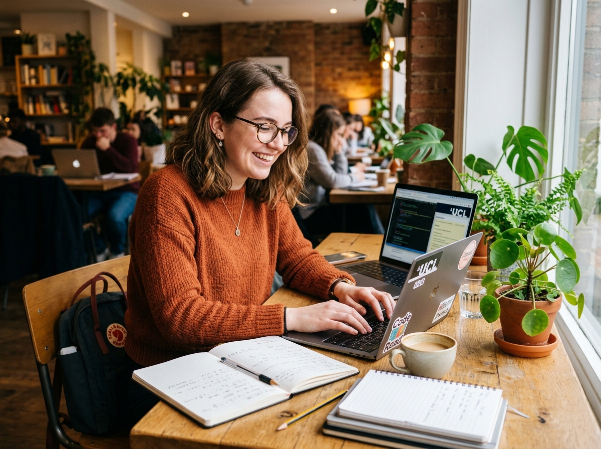 Student studying happily on laptop at desk