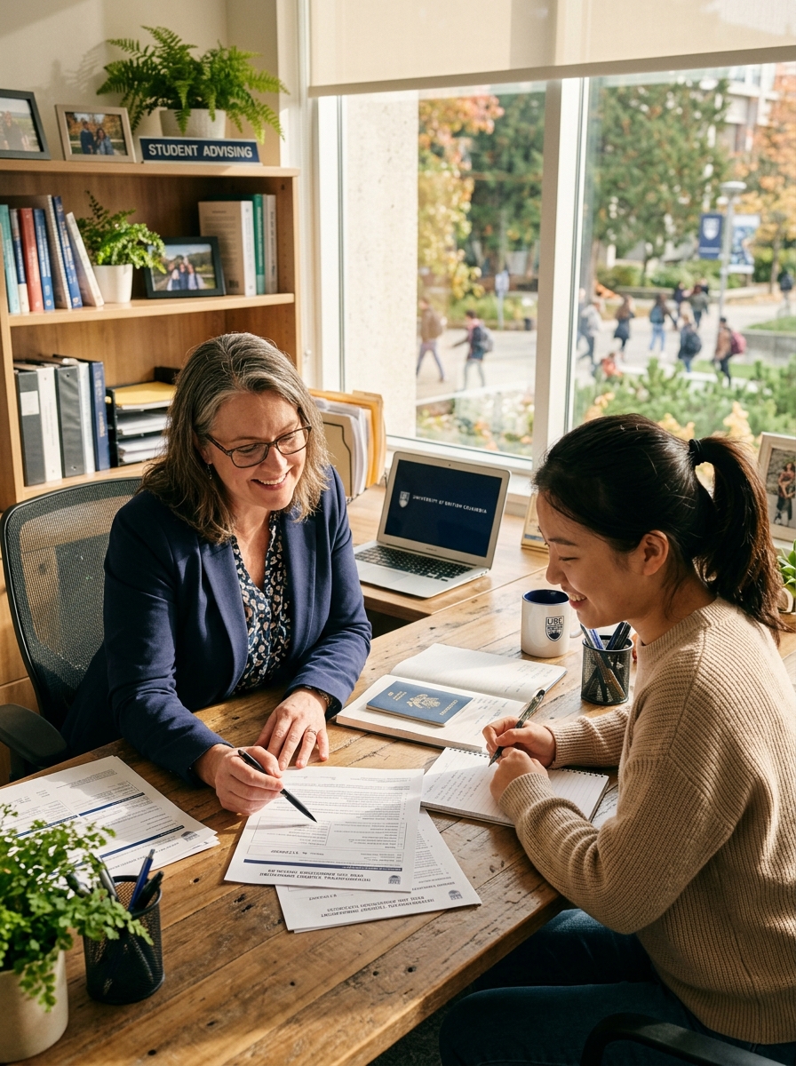 University student advisor guiding an international student